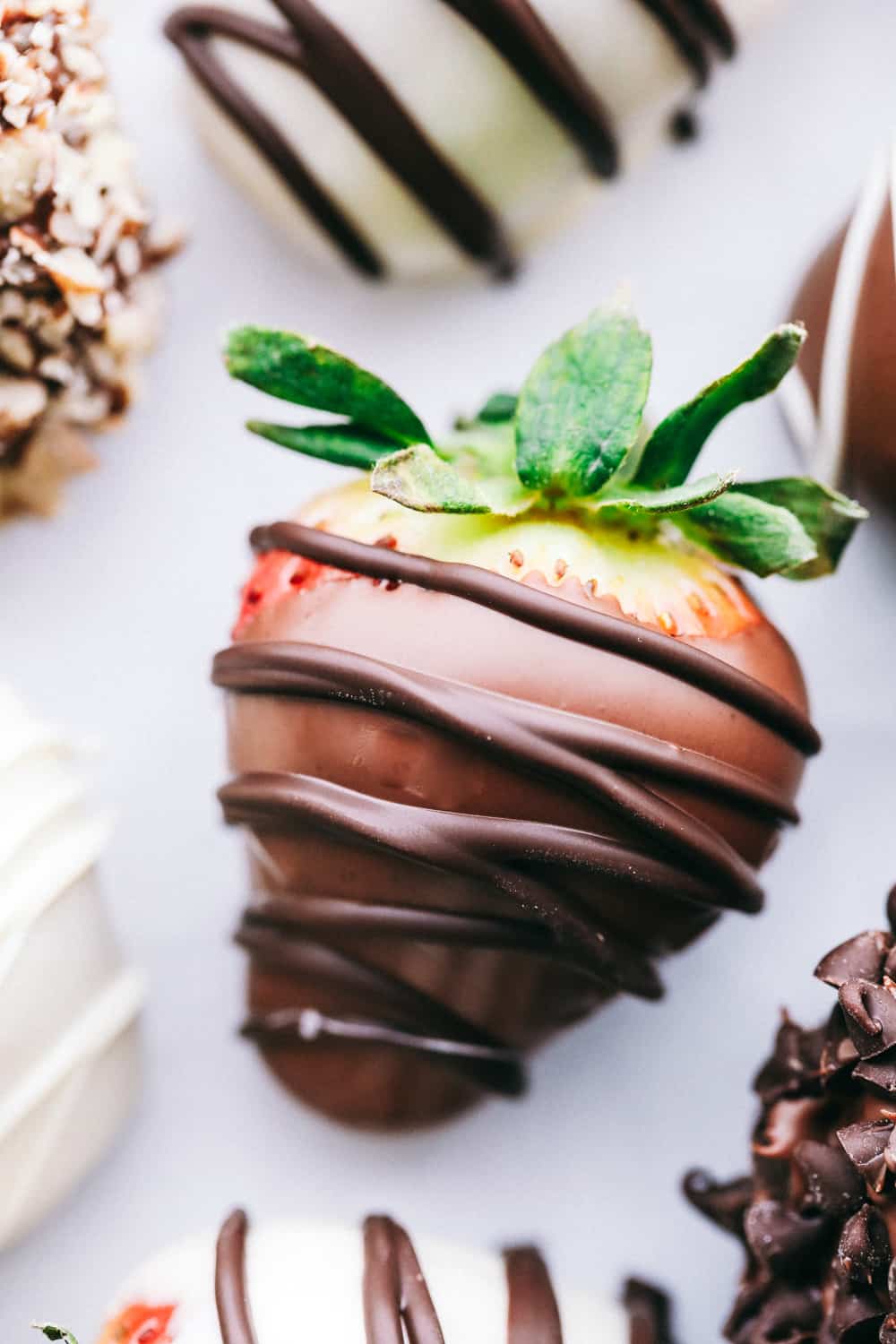 Chocolate covered strawberry with chocolate drizzle over top. 