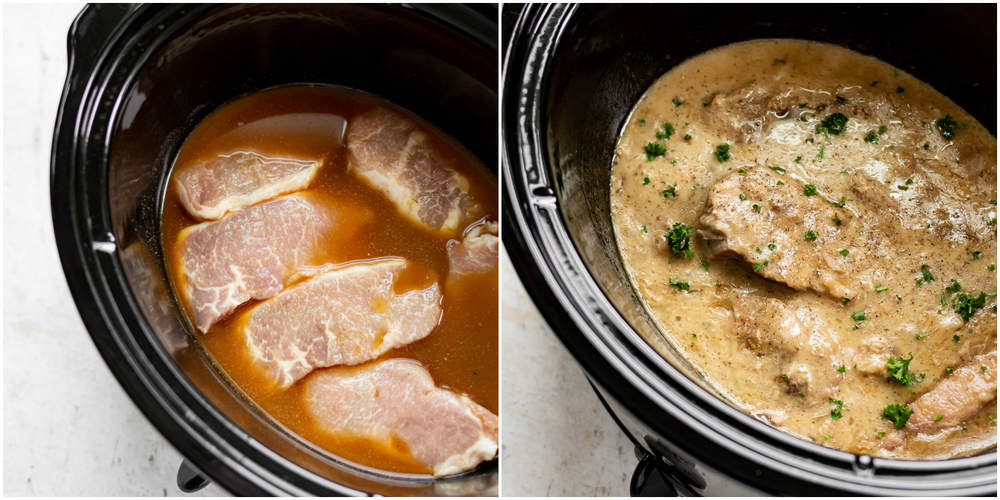 Crock-Pot pork chops collage (before and after cooking)