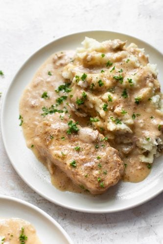 slow cooker pork chops with mashed potatoes and gravy