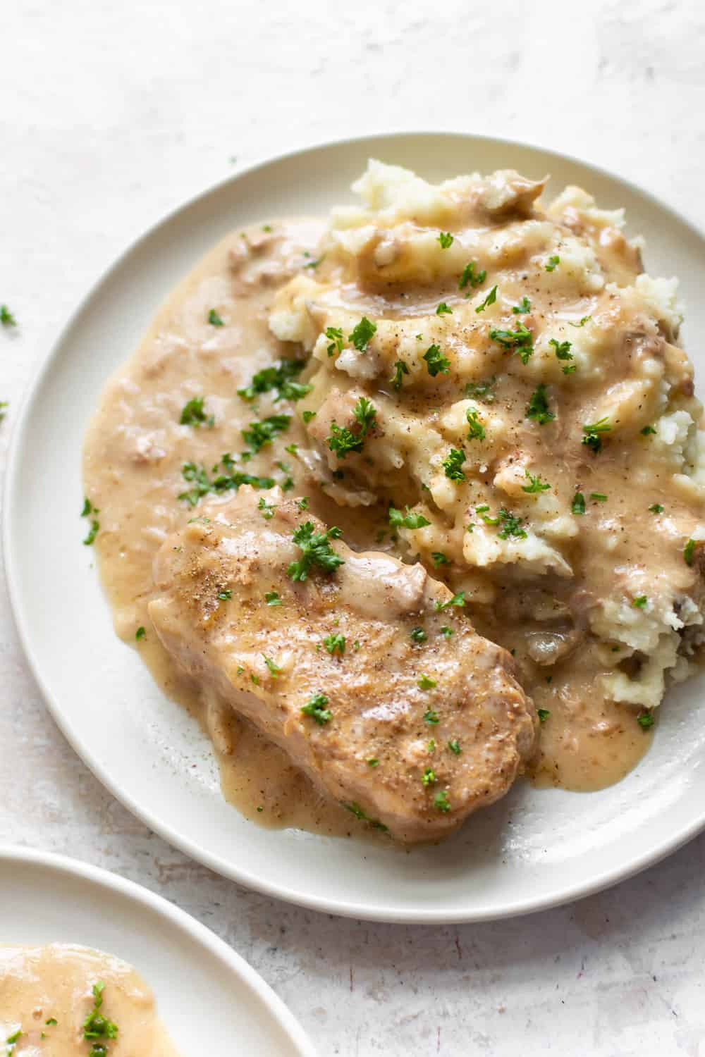 slow cooker pork chops with mashed potatoes and gravy