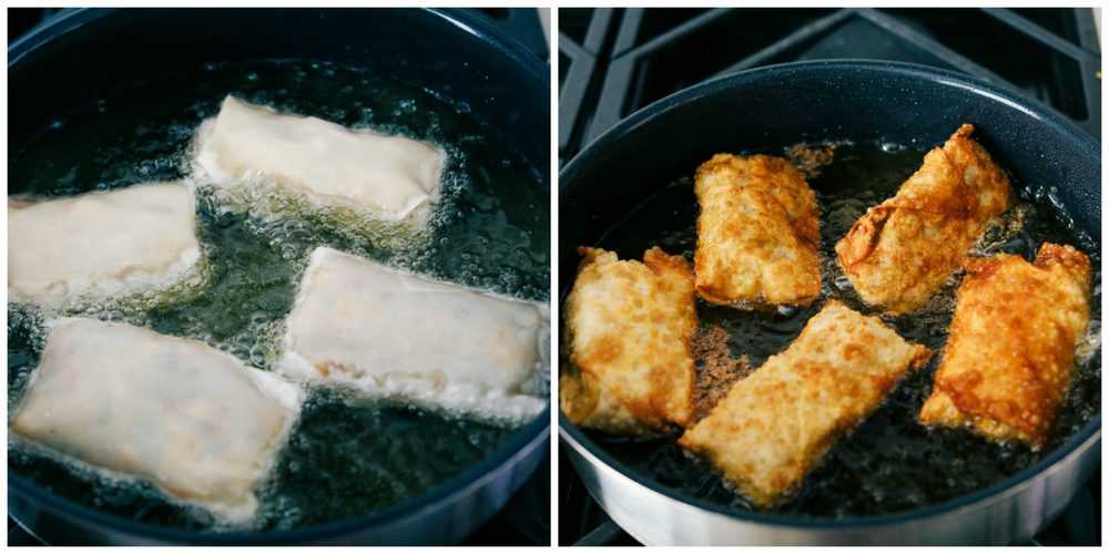 Egg rolls placed in the oil to fry and then flipped to see the crispy outside. 