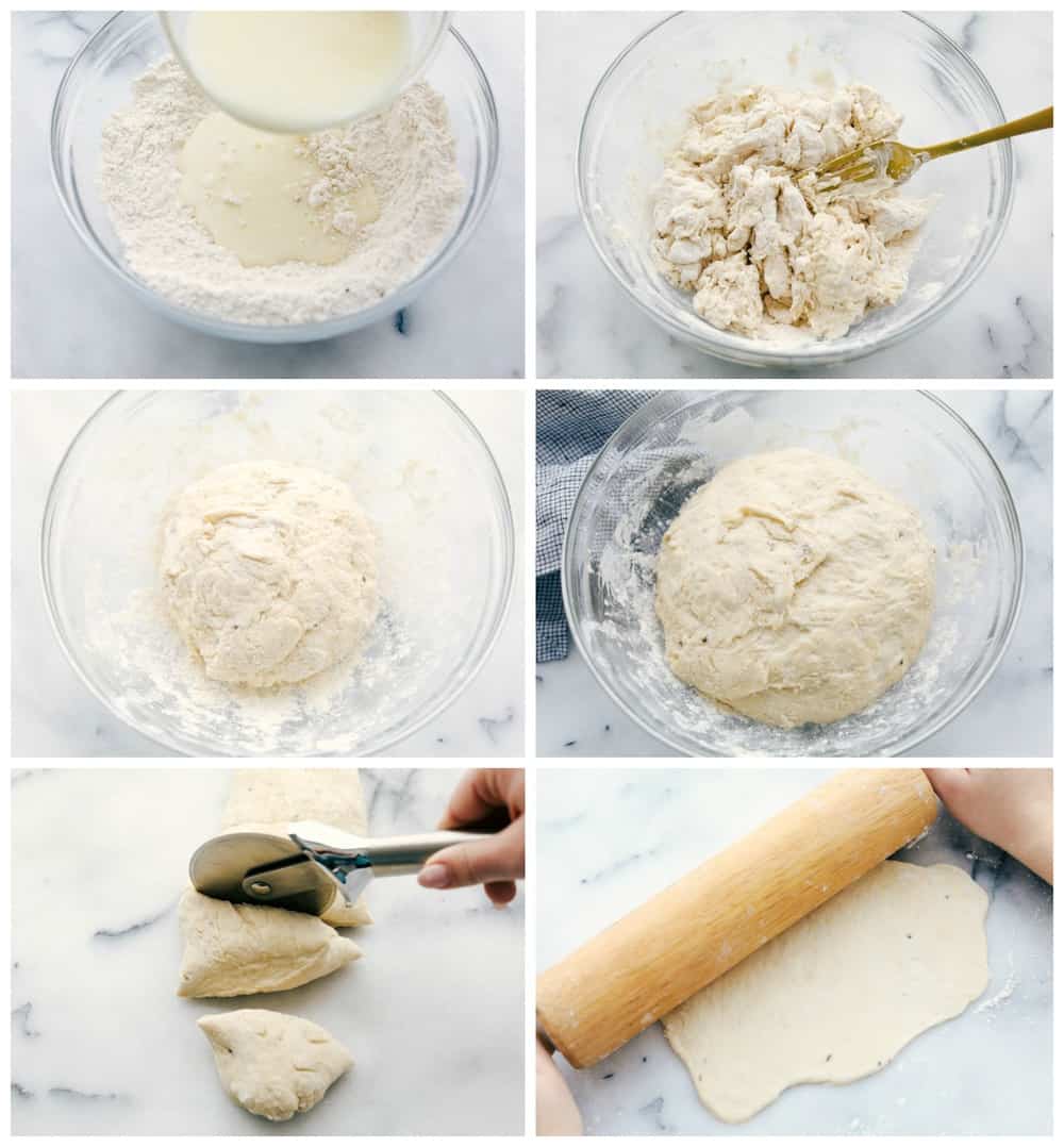 Naan bread dough being mixed and rolled into a ball and placed in the glass bowl. Cut into section and then rolled out using a rolling pin.