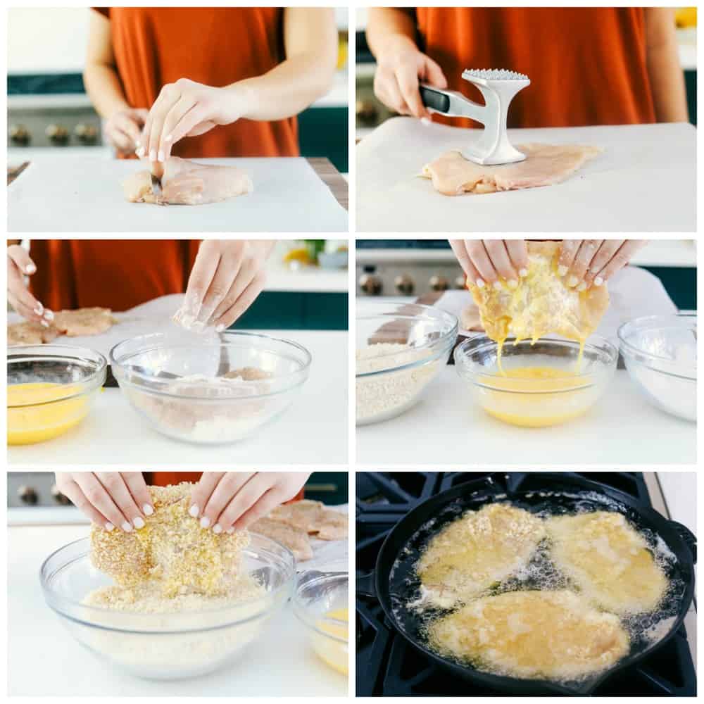 The process of making chicken katsu. First pound it flat, dip it in flour, egg, panko breadcrumbs then fry it. 