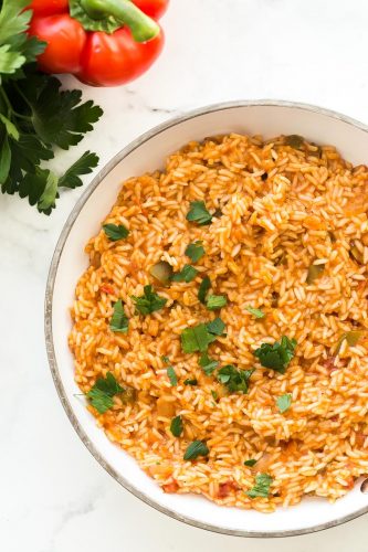 mexican rice in white pan