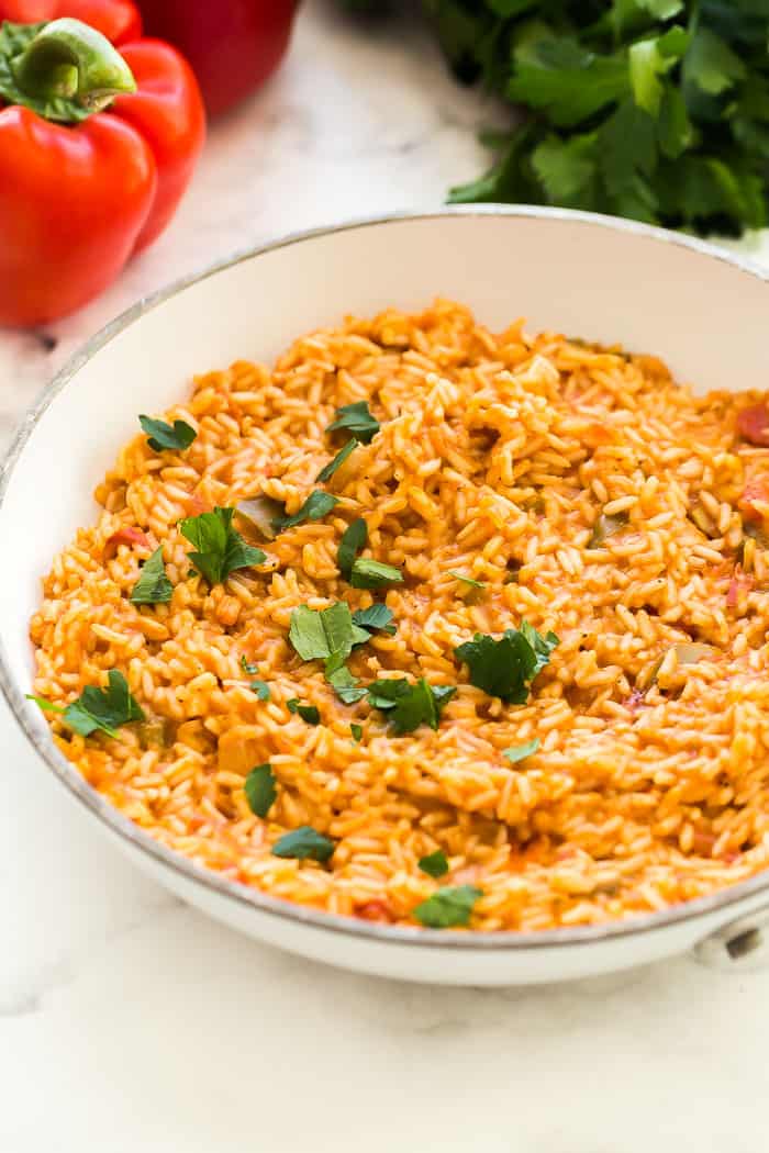 mexican rice close up in pan