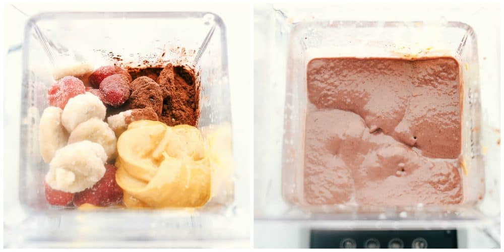 Two blenders showing the process of the Peanut Butter Chocolate acai bowl. 