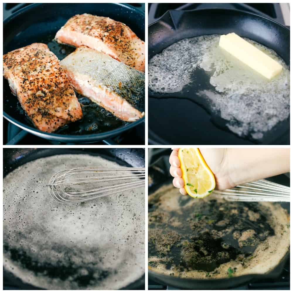 The process of cooking the brown butter lemon salmon in a skillet