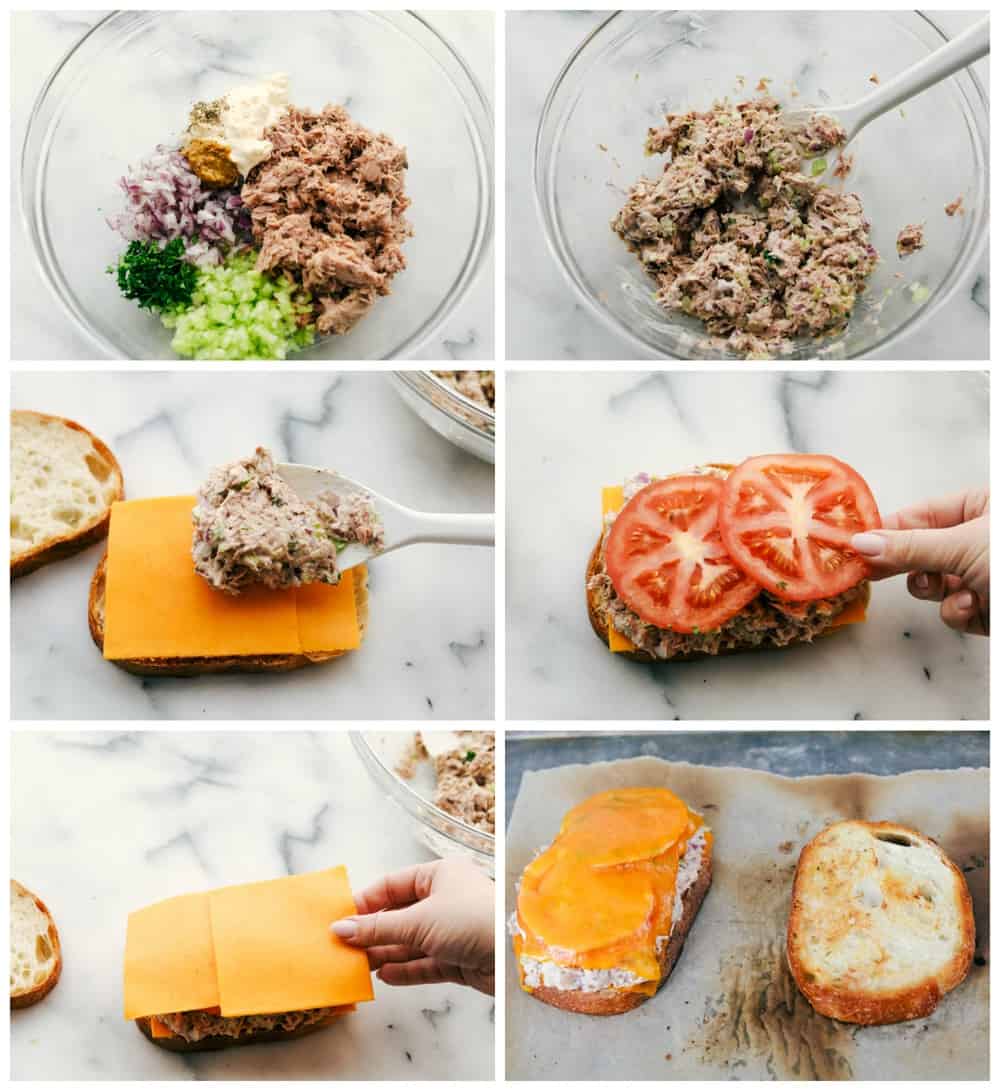 The process of mixing the tuna fish mixture then layering the sandwich with cheese and tomatoes in six different photos. 