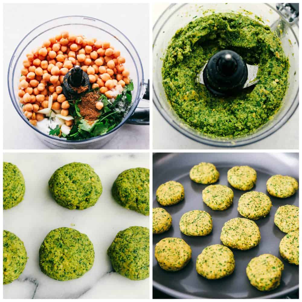 The process of mixing the falafel in a food process. The first photo is the garbanzo beans and other ingredients, then the next is a photo of it mixed together and green then formed into 1 to 2 inch round patties and fried on a skillet. 