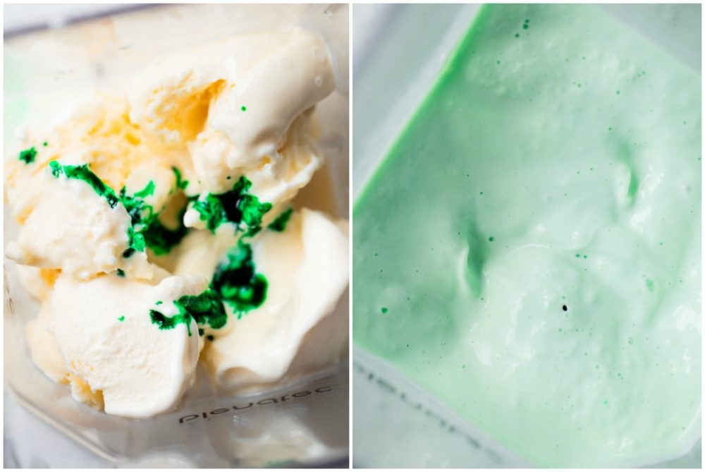 2 pictures showing how to add food coloring to the ice cream. 