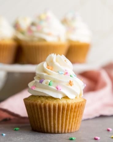 A vanilla cupcake with white frosting and star sprinkles
