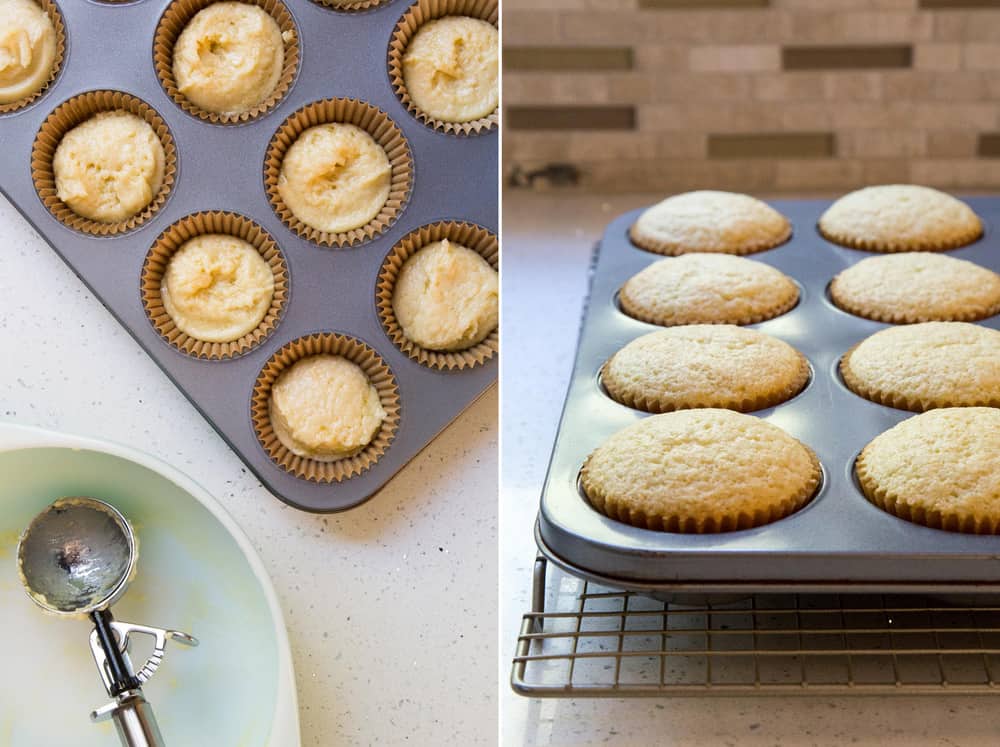 Vanilla cupcake batter and baked cupcakes in a muffin pan