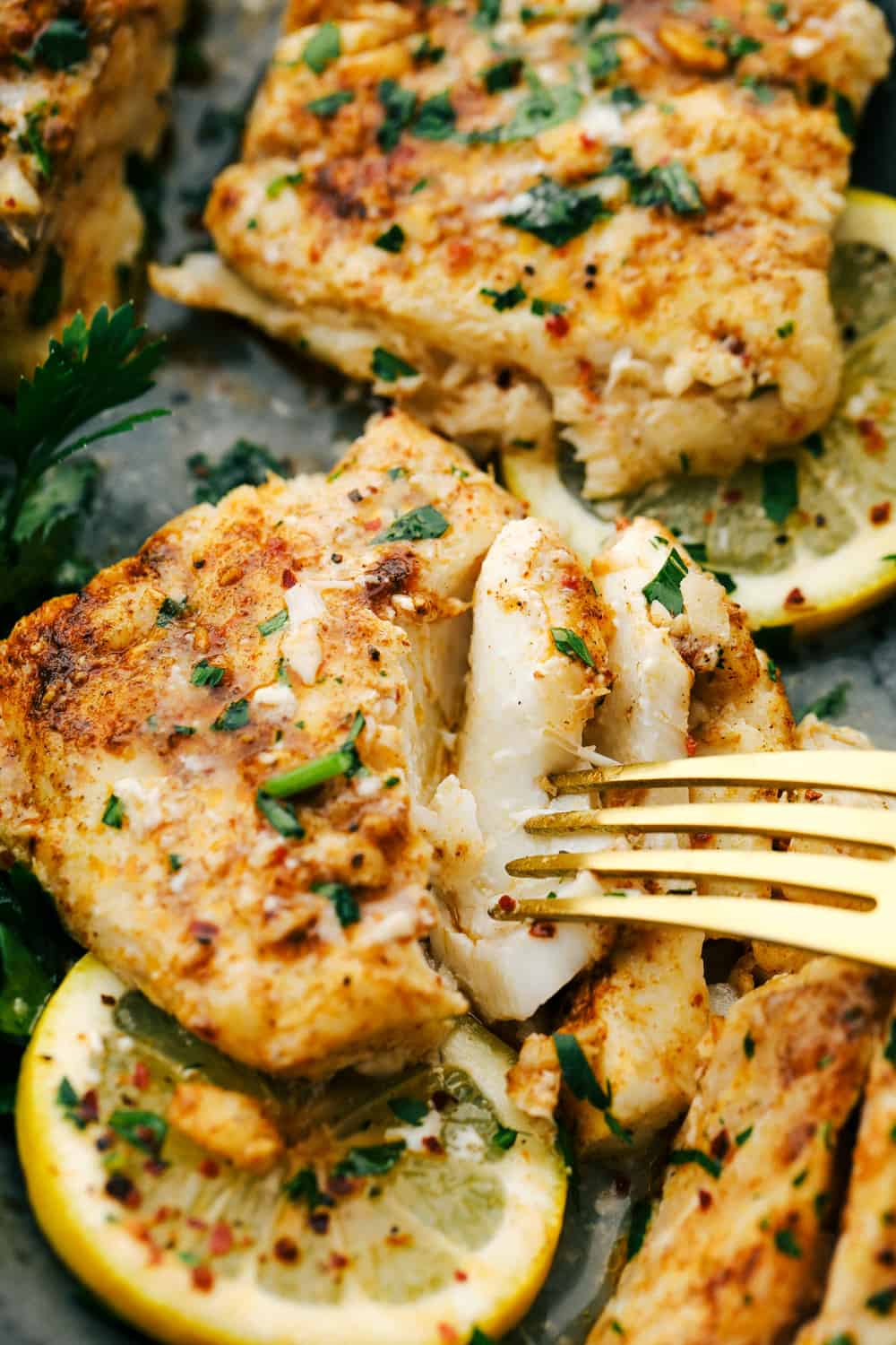 Baked cajun garlic butter cod on a plate with lemon slices underneath and a fork pulling apart the flakes of cod to show the color and tenderness.