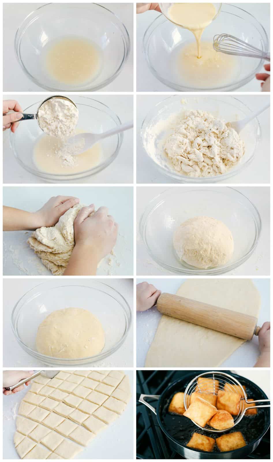 The process of making a beignet by activating yeast in a glass bowl, then adding dough mixture, kneading the dough and letting the dough rise. Roll out the dough with a rolling pin and cut into squares then fried in oil. 