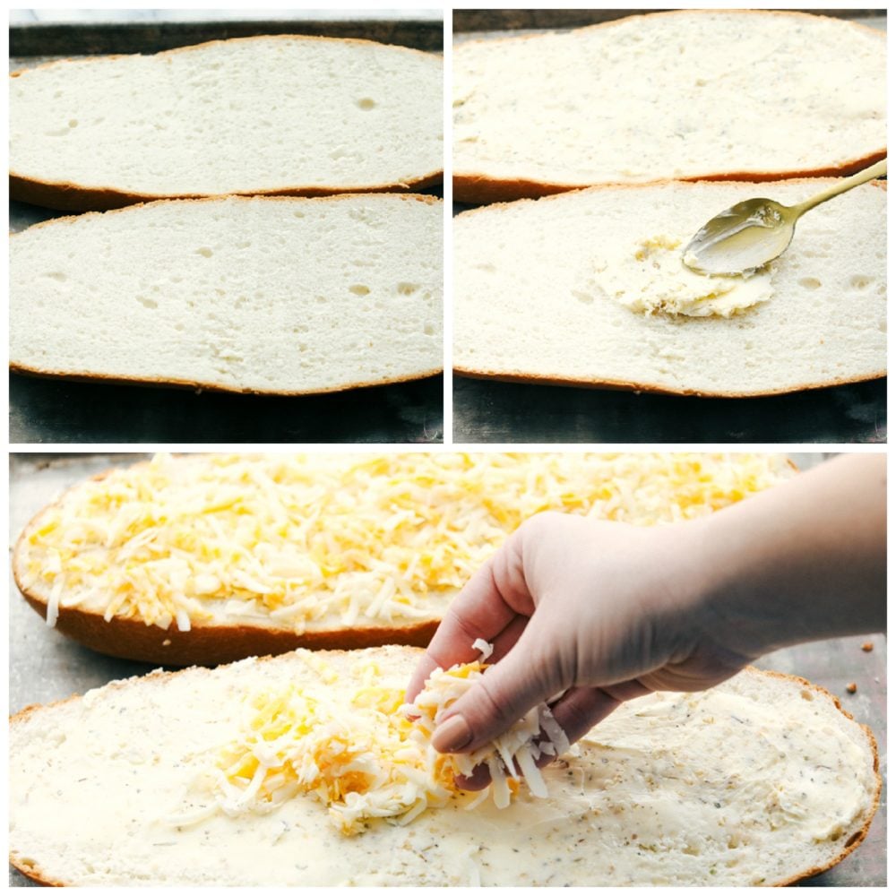 The process of making cheese garlic bread with the bread cut in half then buttered and sprinkled with cheese.