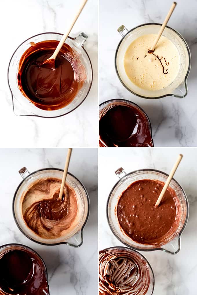 Eine Collage aus Bildern, die zeigen, wie man eine Schokoladentorte zubereitet.