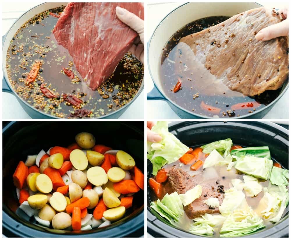 The process of making corned beef. First, brine the corned beef in a brine, then remove from the pot. Add in potatoes and carrots chopped in a slow cooker then add the corn beef and cabbage on top. 