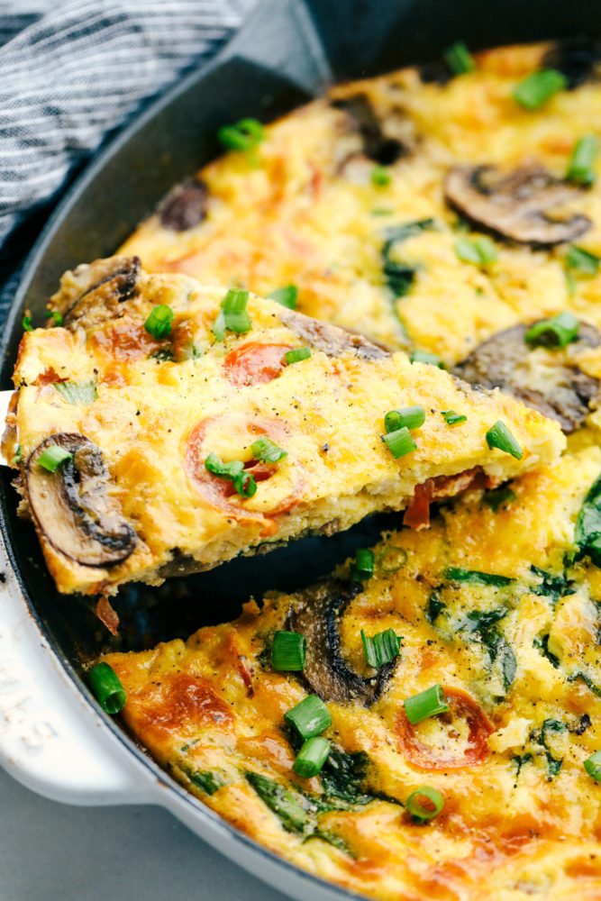 Breakfast frittata cooked in a skillet. 