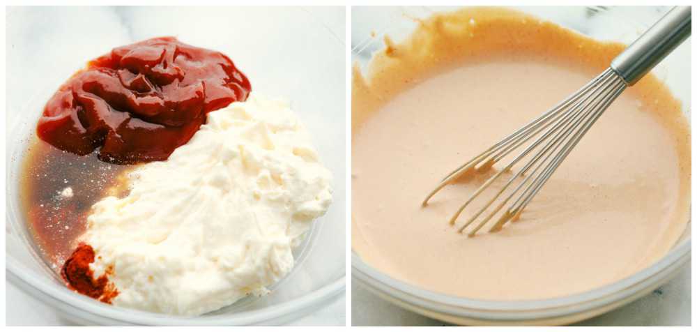 The process of making fry sauce in a glass bowl and then whisked together. 