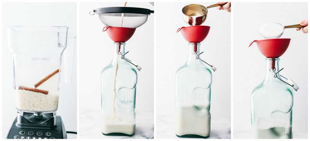 The process of making horchata in four steps. First is blending the cinnamon flavor then draining, adding milk and sugar to the blended horchata mix. 