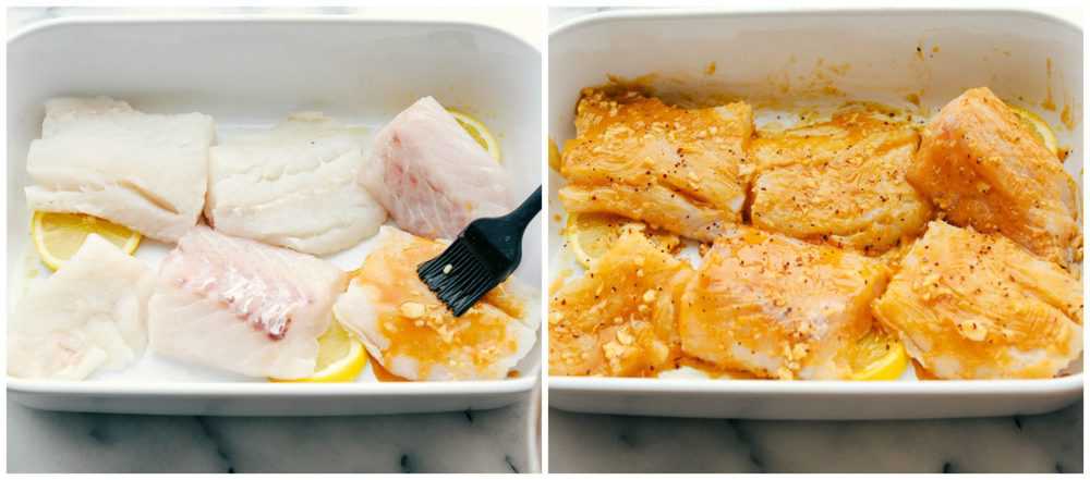 The process of baking cajun garlic butter cod. Filets of cod placed in a baking pan brushed cajun garlic butter on them then the after photo of it on the cajun butter on the cod filets.