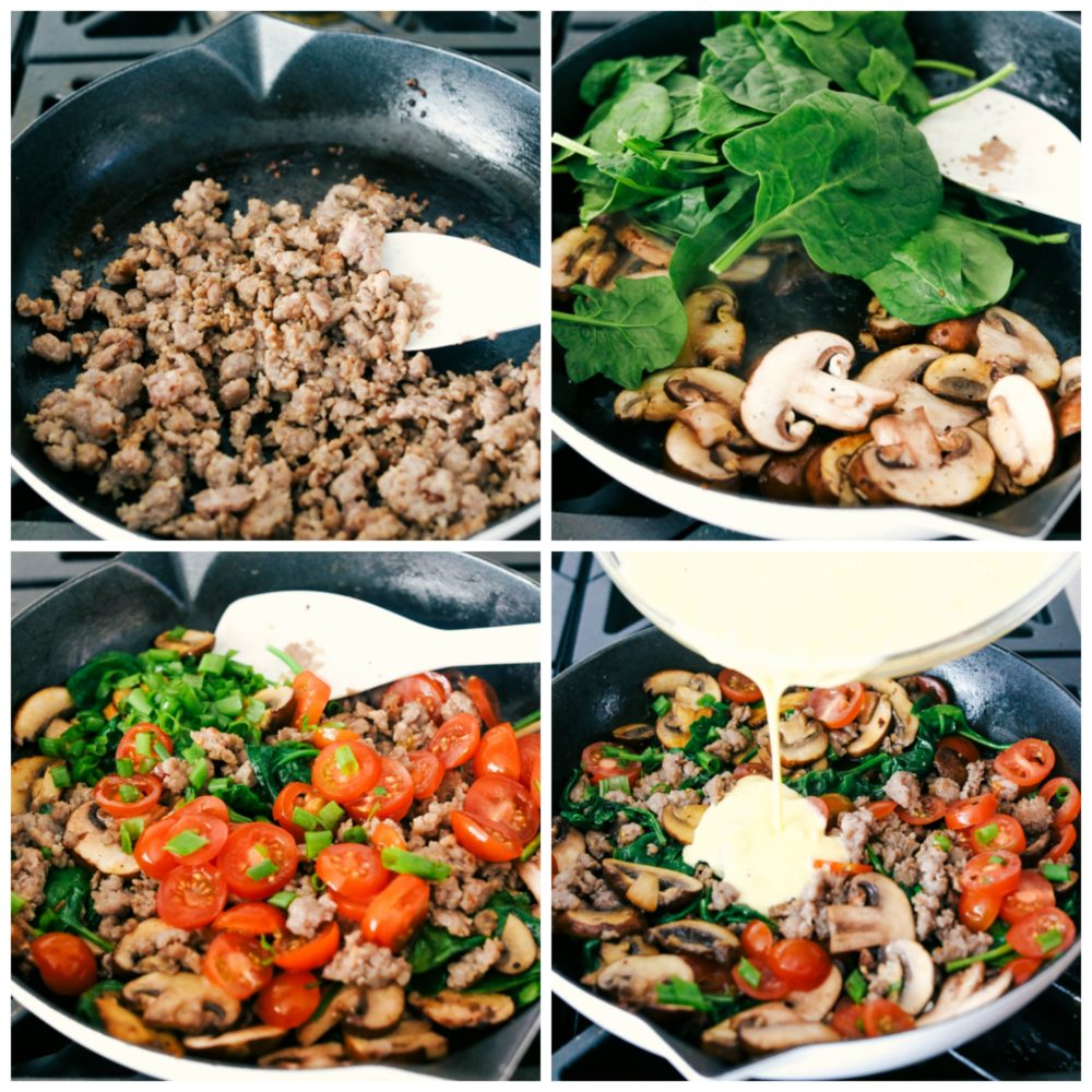 The process of making frittata starting with warming ground sausage in a skillet, adding spinach and mushrooms then cooking with tomatoes and eggs poured over top in a skillet. 
