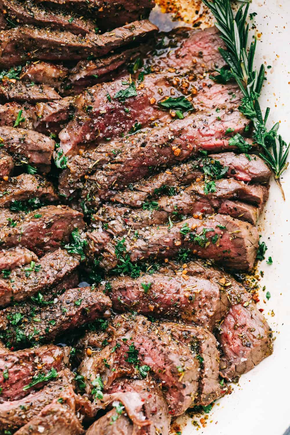 London Broil en rodajas en un plato.