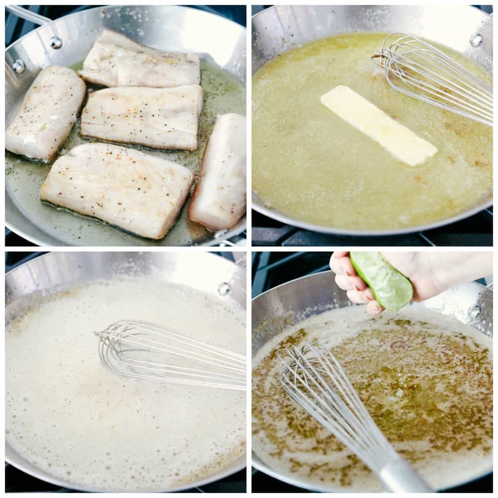 Las fotos de proceso de los filetes de Mahi Mahi se cocinan en una sartén. La primera foto muestra los filetes cocinados en aceite, luego quitando el Mahi Mahi, la mantequilla se está derritiendo y se bate en condimentos y el jugo de lima se exprime por encima. 