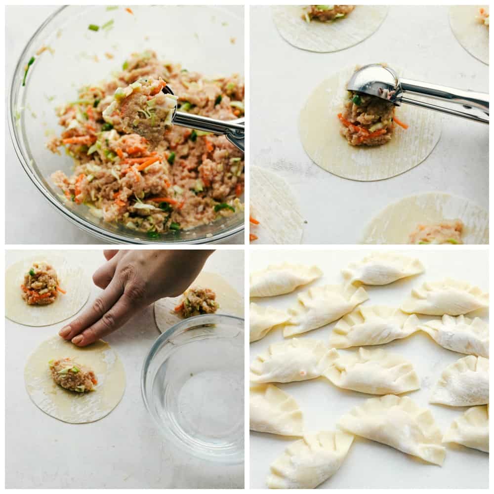 El proceso de hacer potstickers. Mezcle los ingredientes en un recipiente de vidrio, luego agréguelos a los envoltorios de albóndigas y júntelos.