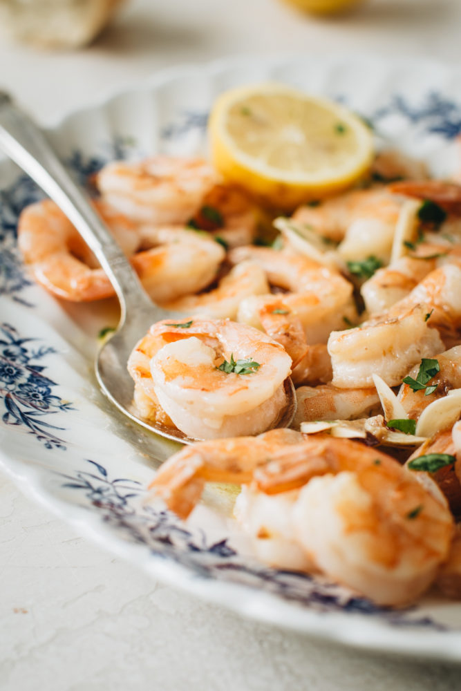 shrimp on blue and white plate