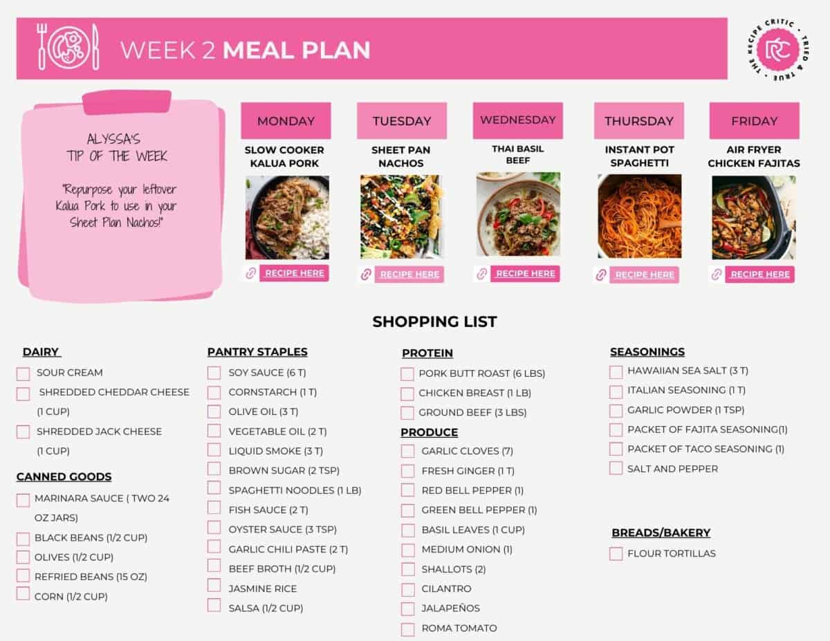 A pdf printable of a meal plan and shopping list. 