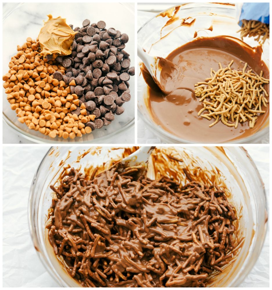 In einer Schüssel mit den Schokoladen- und Butterscotch-Chips und der Erdnussbutter Vögel nisten lassen und Chow-Mein-Nudeln vermischen. 