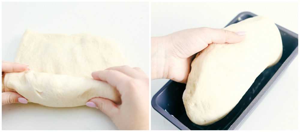 Rolling the dough and placing it in a rectangle bread loaf pan.