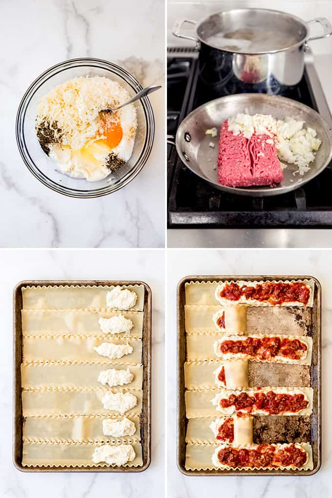 Eine Collage aus Bildern, die zeigen, wie man Lasagne-Roll-Ups herstellt und zusammenbaut.