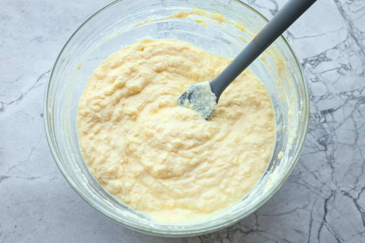 Overhead shot of combined and mixed cheese mixture. 