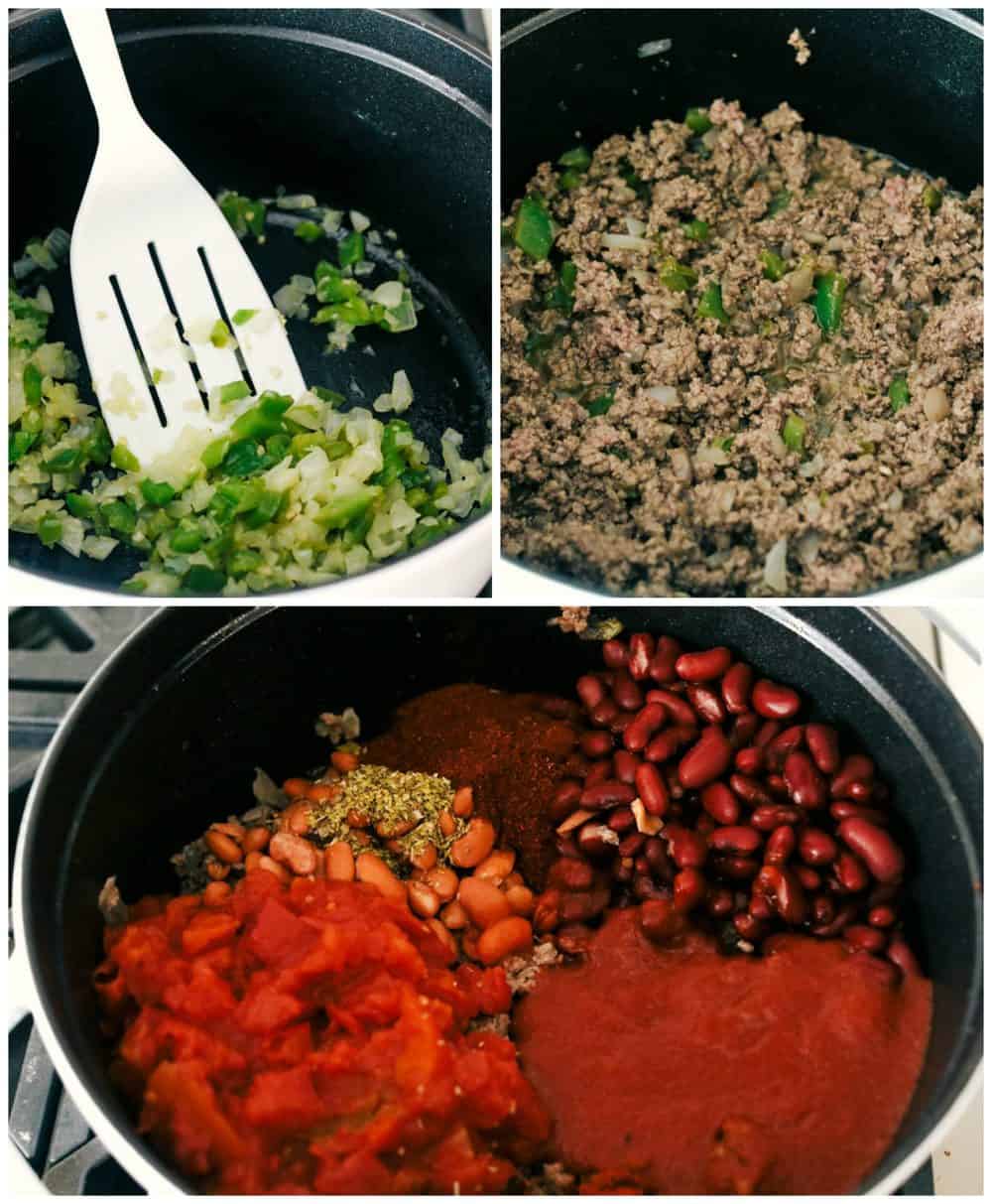 3 pictures that show how to make chili by sautéing the onions and green peppers, cooking the ground beef and adding the beans, tomatoes and seasonings into the pot to simmer.