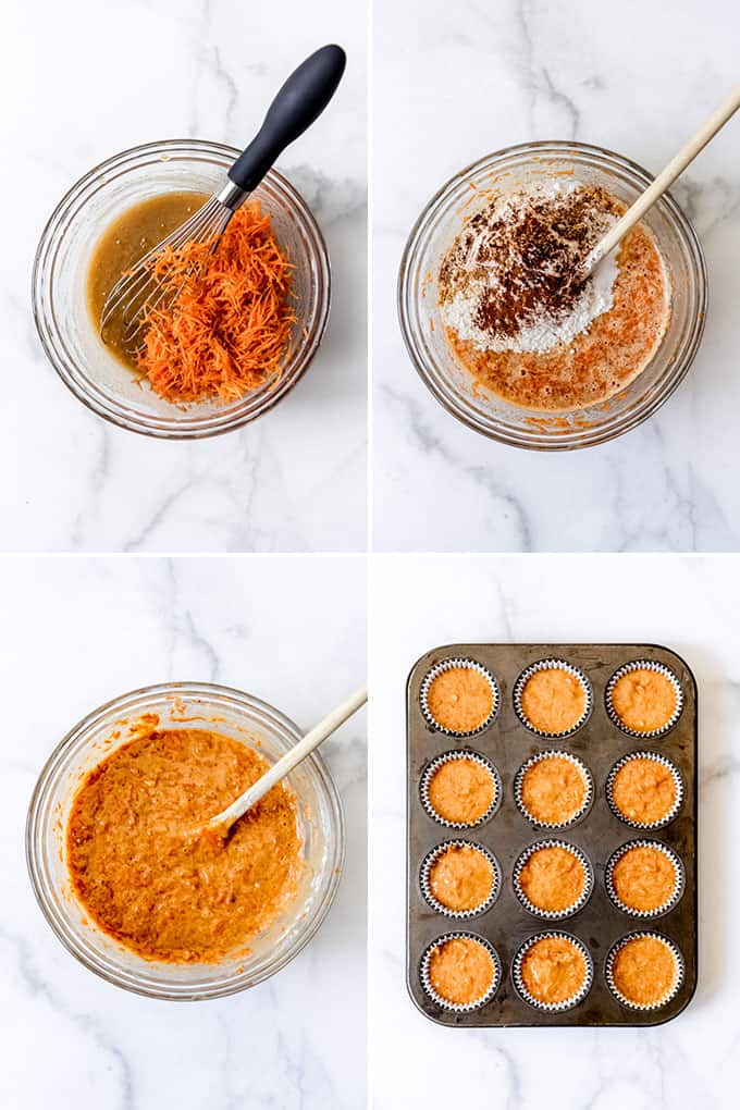 Eine Collage aus Bildern, die zeigen, wie man Karottenkuchen-Cupcakes macht.