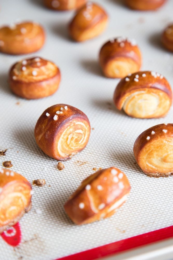 Baked pretzel bites on a baking tray