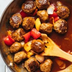 Sweet and sour meatballs in a skillet