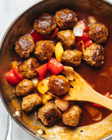 Sweet and sour meatballs in a skillet