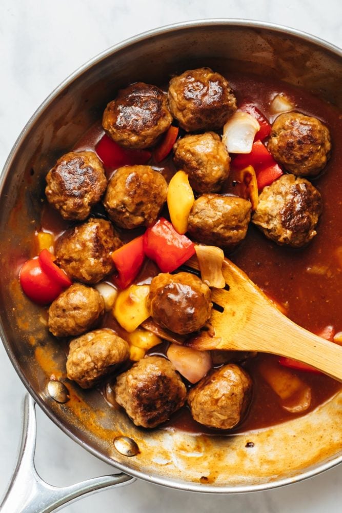 Sweet and sour meatballs in a skillet