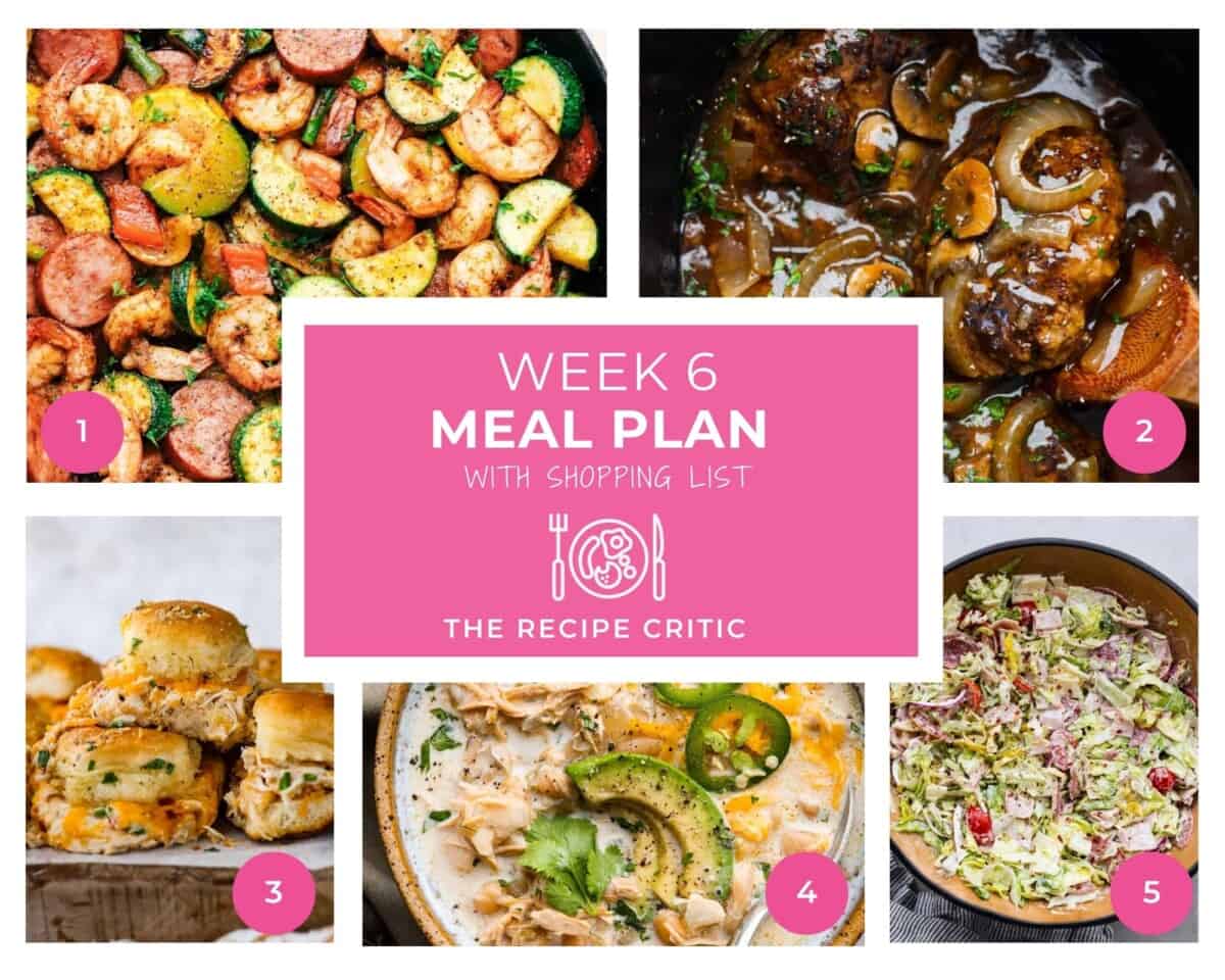 5 picture collage for meal plan with graphic week 6 meal plan with shopping list. 