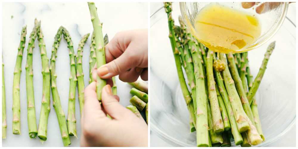 Two photos preparing the asparagus. One photo on the left hand side showing the asparagus being broken and the the right hand photo with the asparagus in a large glass bowl having the dressing marinade being poured over top. 