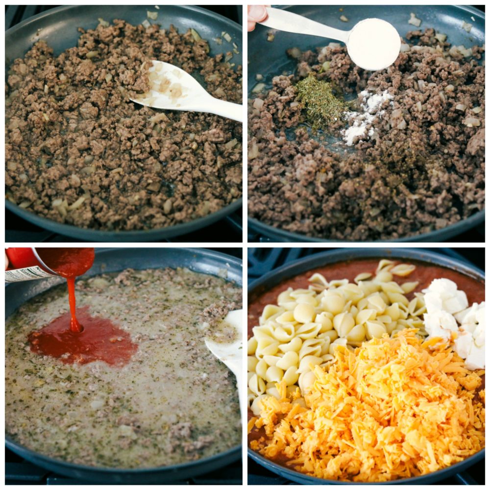 The process of browning beef then adding in seasoning, pasta, cream cheese and cheese. 