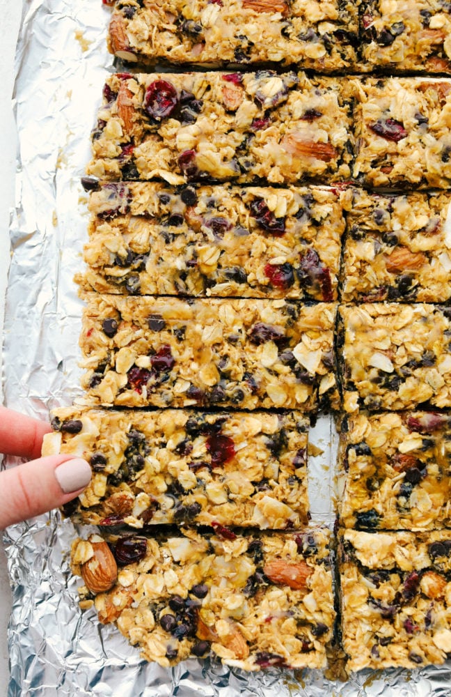 Granola bars cut up into long slices. 
