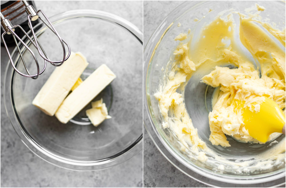 Two sticks of butter in a glass bowl blended together with honey. 