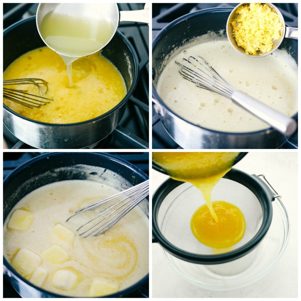 The cooking process of making lemon curd in 4 different photos.