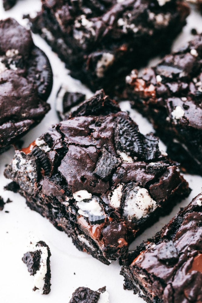 Oreo brownies cut into servings. 