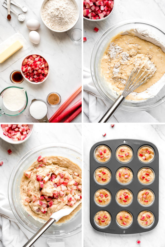 Four photos showing the ingredients and process of making muffins with rhubarb.