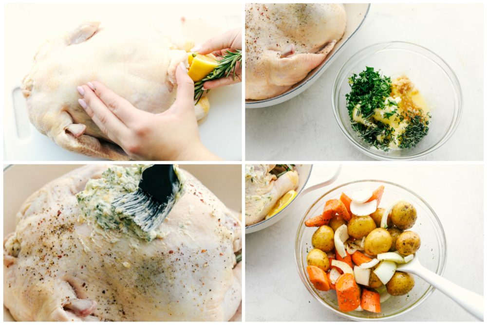 The process of stuffing the chicken, then making a herb butter and brushing it over top the chicken. Then mixing the vegetables in an olive oil. 